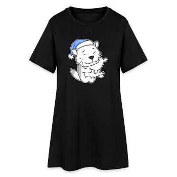 Dormir fatigué - Chat avec oreiller et bonnet somnolent - Robe T-shirt Femme - noir - Devant