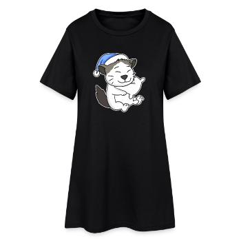 Dormir fatigué - Chat avec oreiller et bonnet somnolent - Robe T-shirt Femme - noir - Devant