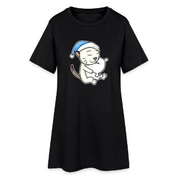 Dormir fatigué - Chat avec oreiller et bonnet somnolent - Robe T-shirt Femme - noir - Devant