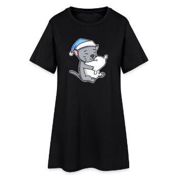 Dormir fatigué - Chat avec oreiller et bonnet somnolent - Robe T-shirt Femme - noir - Devant