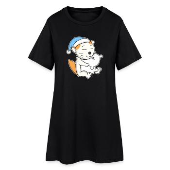 Dormir fatigué - Chat avec oreiller et bonnet somnolent - Robe T-shirt Femme - noir - Devant