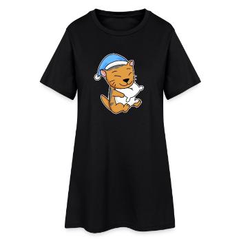 Dormir fatigué - Chat avec oreiller et bonnet somnolent - Robe T-shirt Femme - noir - Devant