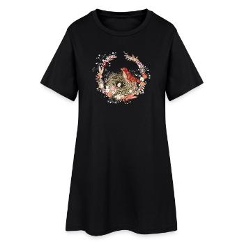 Dried Flower Wreath with Bird's Nest and Bird Motif - Women’s T-Shirt Dress - black - Front