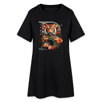 Feuriger Tiger und Blumen Illustration - Frauen T-Shirt-Kleid - Schwarz - Vorne