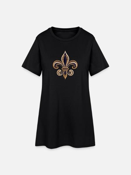 Elegantes Fleur-de-Lis Stickerei-T-Shirt - Frauen T-Shirt-Kleid - Schwarz