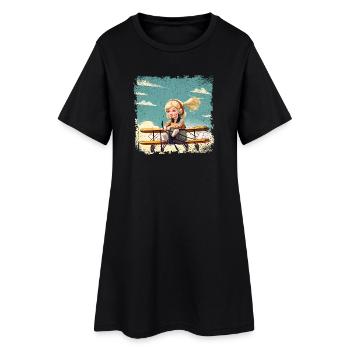 Fille assise sur un biplan | Fantaisie - Robe T-shirt Femme - noir - Devant