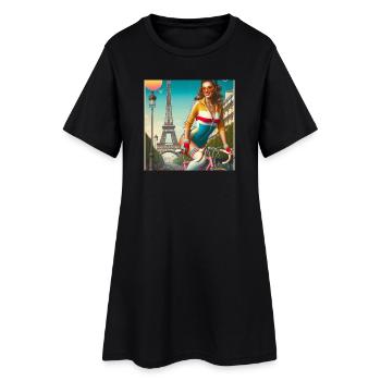 Belle jeune fille à vélo devant la tour Eiffel - Robe T-shirt Femme - noir - Devant