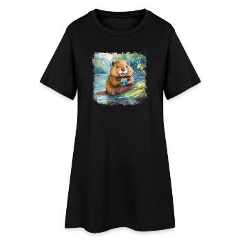 Cute young beaver with mobile phone - Women’s T-Shirt Dress - black - Front