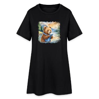 Cute young brown bear with mobile phone - Women’s T-Shirt Dress - black - Front