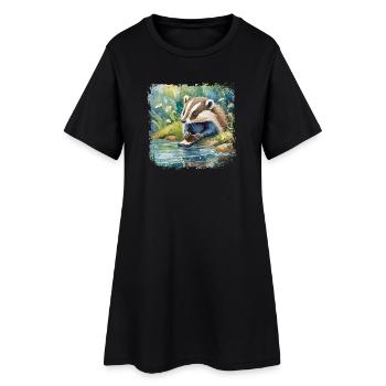 Niedlicher junger Dachs mit Handy, Kinderbuchstil - Frauen T-Shirt-Kleid - Schwarz - Vorne
