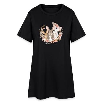 Famille de lapins mignons - unis dans une couronne de fleurs - Robe T-shirt Femme - noir - Devant
