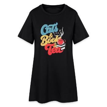 Cats and Tea Print - Women’s T-Shirt Dress - black - Front