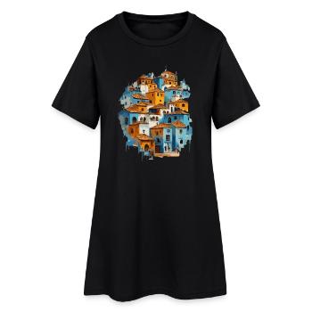 Village bleu avec tuiles orange - Robe T-shirt Femme - noir - Devant