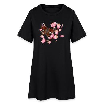 Papillon paon oeil avec Magnolia en rose - Robe T-shirt Femme - noir - Devant