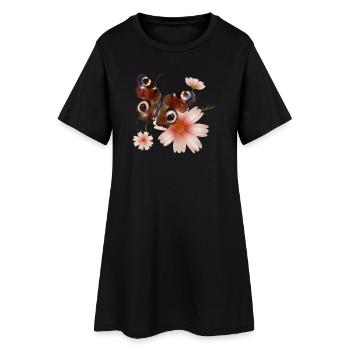 Papillon paon oeil avec des fleurs roses - Robe T-shirt Femme - noir - Devant