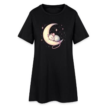 souris endormie paisiblement, sur un croissant de lune - Robe T-shirt Femme - noir - Devant