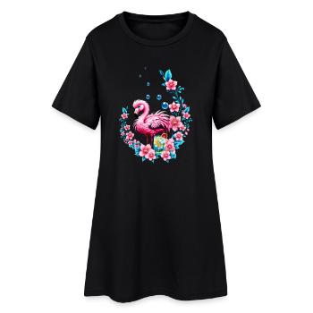 Flamant rose élégant avec des fleurs tropicales. - Robe T-shirt Femme - noir - Devant