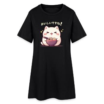 Katze isst Ramen - Frauen T-Shirt-Kleid - Schwarz - Vorne