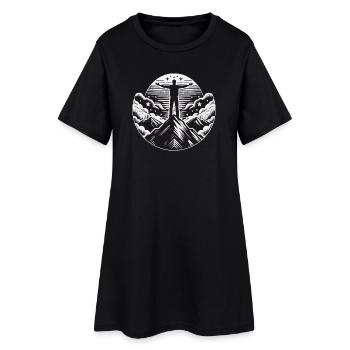 Paysage de montagne avec un homme au sommet de la montagne - Robe T-shirt Femme - noir - Devant