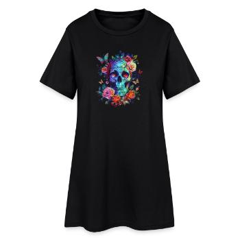 Crâne avec fleurs et papillon - Robe T-shirt Femme - noir - Devant