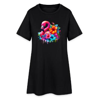 Flamant rose décoré de fleurs d’hibiscus - Robe T-shirt Femme - noir - Devant