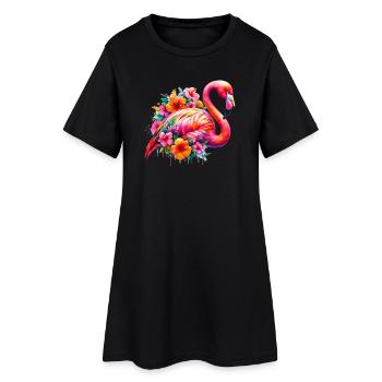 Flamingo verziert mit Hibiskusblüten - Frauen T-Shirt-Kleid - Schwarz - Vorne