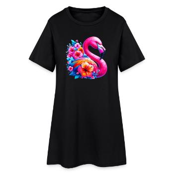 Flamant rose décoré de fleurs d’hibiscus - Robe T-shirt Femme - noir - Devant