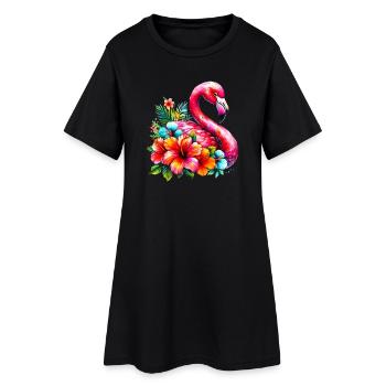 Flamant rose décoré de fleurs d’hibiscus - Robe T-shirt Femme - noir - Devant