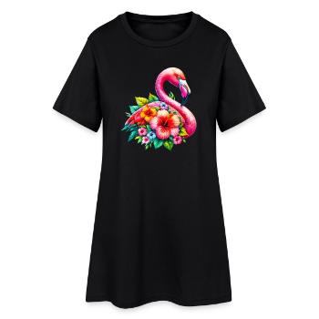 Flamant rose décoré de fleurs d’hibiscus - Robe T-shirt Femme - noir - Devant