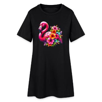 Flamingo verziert mit Hibiskusblüten - Frauen T-Shirt-Kleid - Schwarz - Vorne