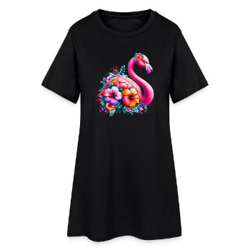 Flamingo verziert mit Hibiskusblüten - Frauen T-Shirt-Kleid - Schwarz - Vorne