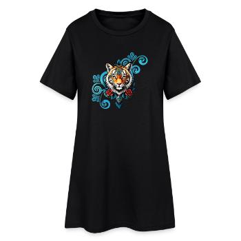 Tiger with floral decorations. - Women’s T-Shirt Dress - black - Front