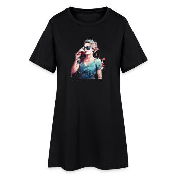 Frau trinkt roten Wein - Frauen T-Shirt-Kleid - Schwarz - Vorne