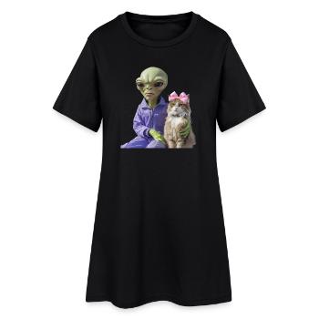 Alien und Katze – Galaktische Liebe - Frauen T-Shirt-Kleid - Schwarz - Vorne