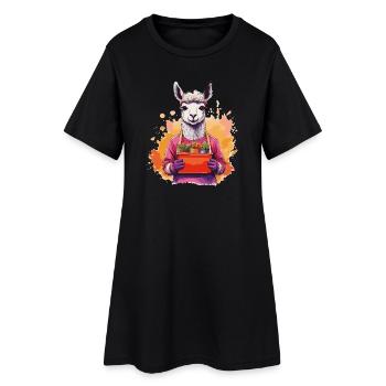 Lama im Garten mit Blumenkorb - Frauen T-Shirt-Kleid - Schwarz - Vorne