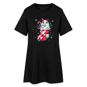 süße Katze in einem bunten Weihnachtsstrumpf - Frauen T-Shirt-Kleid - Schwarz - Vorne