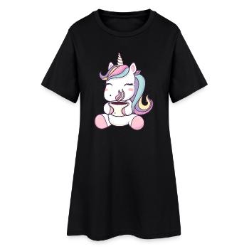 Licorne mignonne avec tasse à café - Dessin animé fantaisiste - Robe T-shirt Femme - noir - Devant