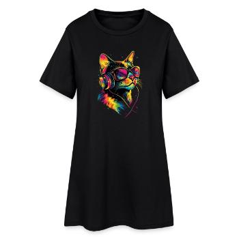 Katze Sonnenbrille Kopfhörer Musik Bunt DJ Katzen - Frauen T-Shirt-Kleid - Schwarz - Vorne