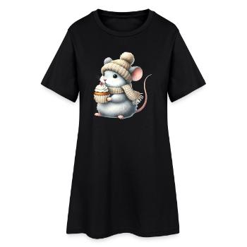 Souris mignonne avec un bonnet tricoté et un cupcake - Robe T-shirt Femme - noir - Devant
