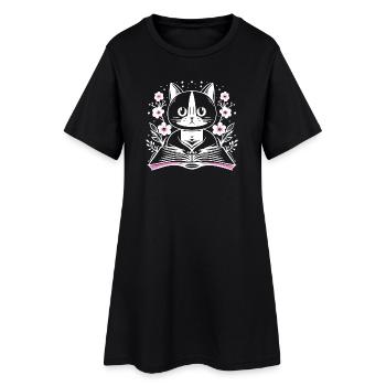 Lecture chat mignon avec livre et fleurs - Robe T-shirt Femme - noir - Devant