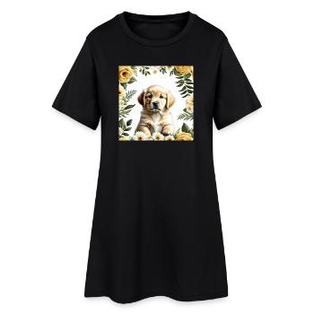 Chiot mignon en couronne de fleurs - Robe T-shirt Femme - noir - Devant