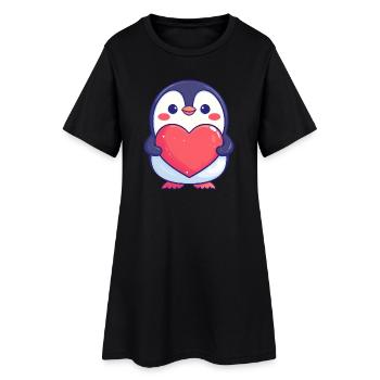 Pingouin tenant un cœur rouge - Adorable dessin animé - Robe T-shirt Femme - noir - Devant