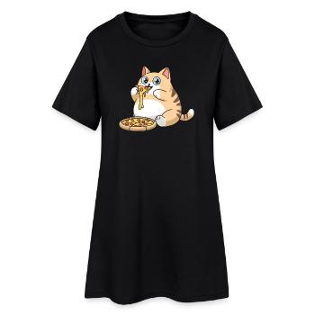 Cute Chubby Cat Eating Pizza - Women’s T-Shirt Dress - black - Front