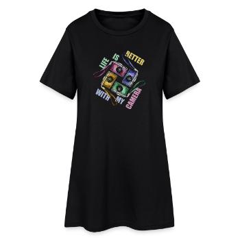 Life is better with my camera - Frauen T-Shirt-Kleid - Schwarz - Vorne