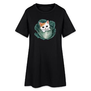 Chaton jetant un coup d’œil à partir d’une feuille de chou - Robe T-shirt Femme - noir - Devant