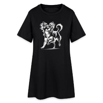 Süßer verspielter Langhaar Chihuahua als Porträt - Frauen T-Shirt-Kleid - Schwarz - Vorne