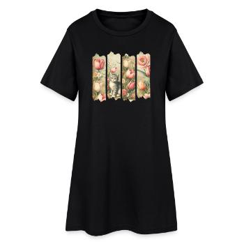 Frühlingszauber mit Kätzchen und Tulpen - Frauen T-Shirt-Kleid - Schwarz - Vorne