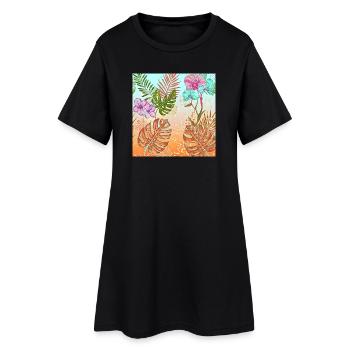 Monstera Tropisches Blumen und Blätter Muster - Frauen T-Shirt-Kleid - Schwarz - Vorne