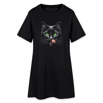 Chat aux yeux verts et à la langue qui sort - Robe T-shirt Femme - noir - Devant