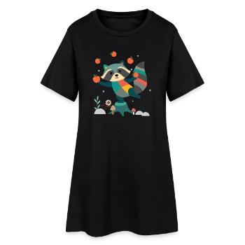 Verspielter Waschbär jongliert fröhlich mit Äpfeln - Frauen T-Shirt-Kleid - Schwarz - Vorne